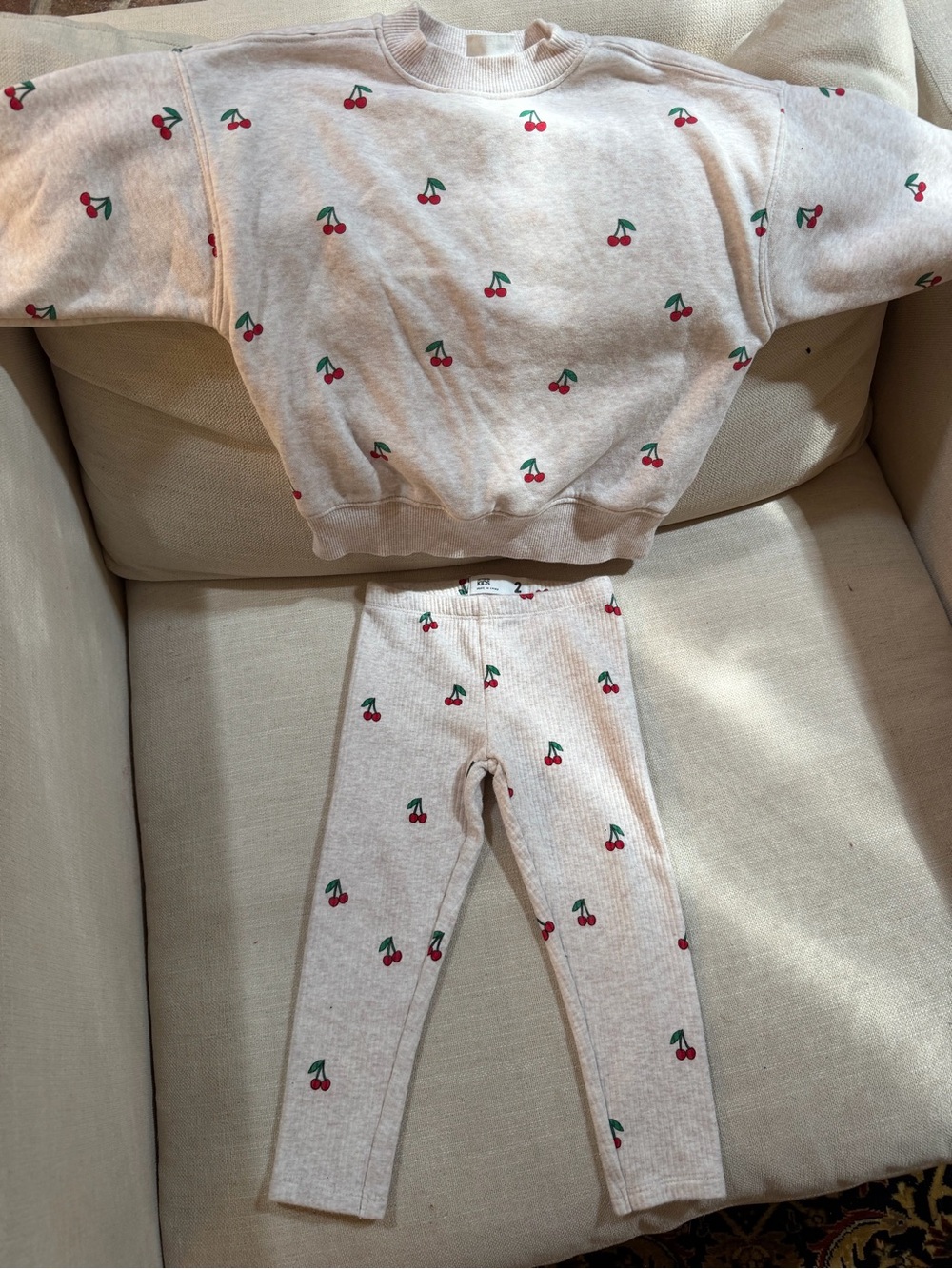 Cream Cherry-Print Kids Pajama Set - Cozy Top & Ribbed Leggings